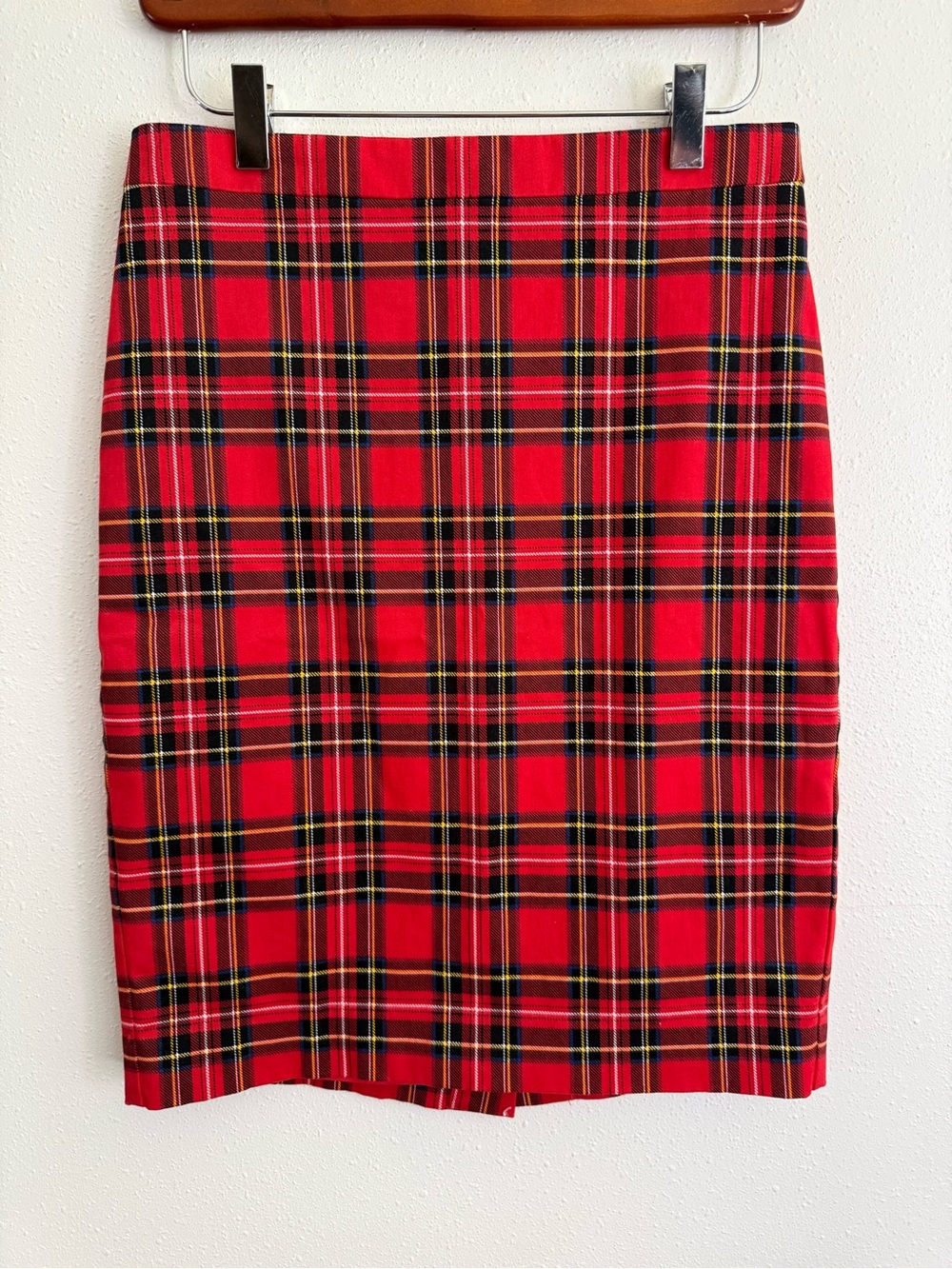 J.Crew Red Tartan Plaid Pencil Skirt Size 00 Stretch Cotton